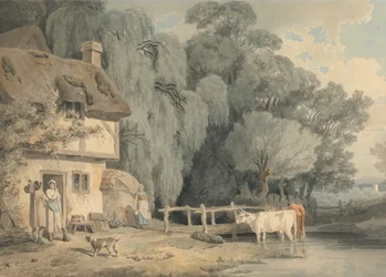Country Scene- Figurer ved en sommerhusdør og kvæg i en å